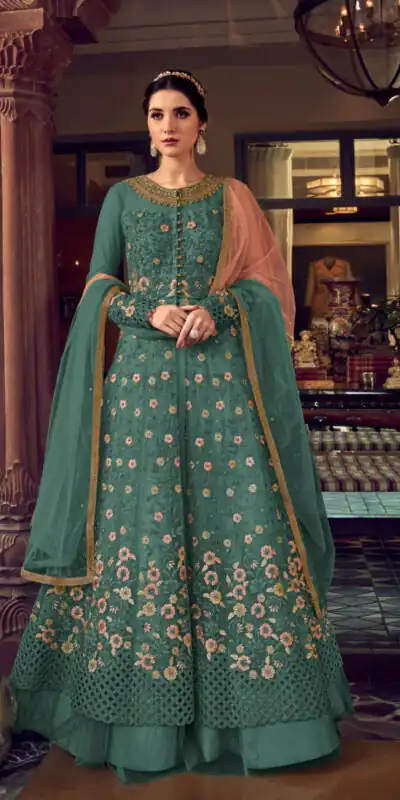 Teal Banglory Silk Embroidery Stone Work Salwar Suit