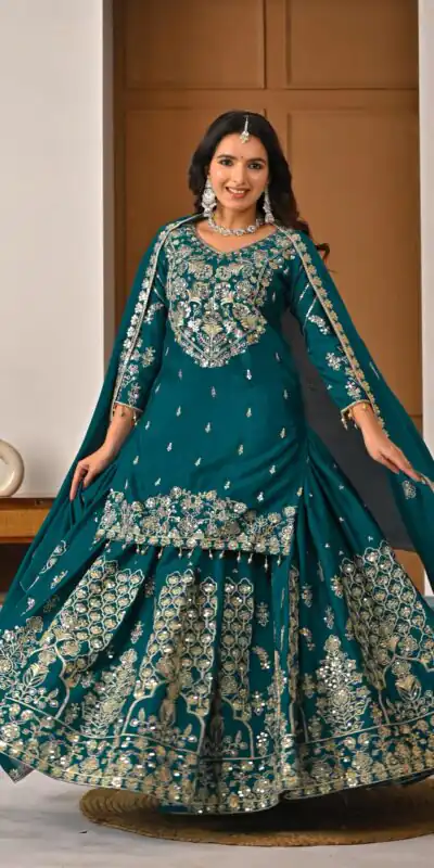 NF 1245 Teal Chinon Silk Lehenga Choli with Embroidery Work & Zari Work. Now at just ₹2449. Delivery 4-6 Working Days. Shop now. | Lehenga, Bollywood Lehenga, Creative Lehenga, Designer Lehenga, Embroidered Lehenga, Party Wear Lehenga