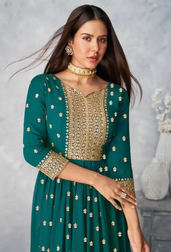 DS A 8584 Teal Color Georgette Salwar Suit with Embroidery Work. Special Price ₹1899. Delivery 4-6 Working Days. Shop now. | Jump Suits, Salwar suit, Casual Suits, Creative suits, Designer Suits, Palazzo Suits, Party Wear Suits, Patiala Suits, Straight Suits