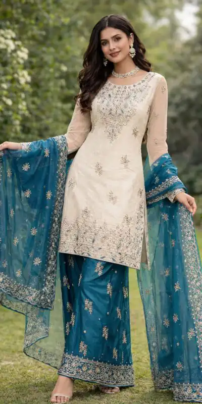 VLM 316 Teal Organza Silk with Embroidery Work & Lace Work. Salwar Suit Now at just ₹2049. Delivery 4-6 Working Days. Shop now. | Jump Suits, Salwar suit, Casual Suits, Creative suits, Designer Suits, Palazzo Suits, Party Wear Suits, Patiala Suits, Straight Suits