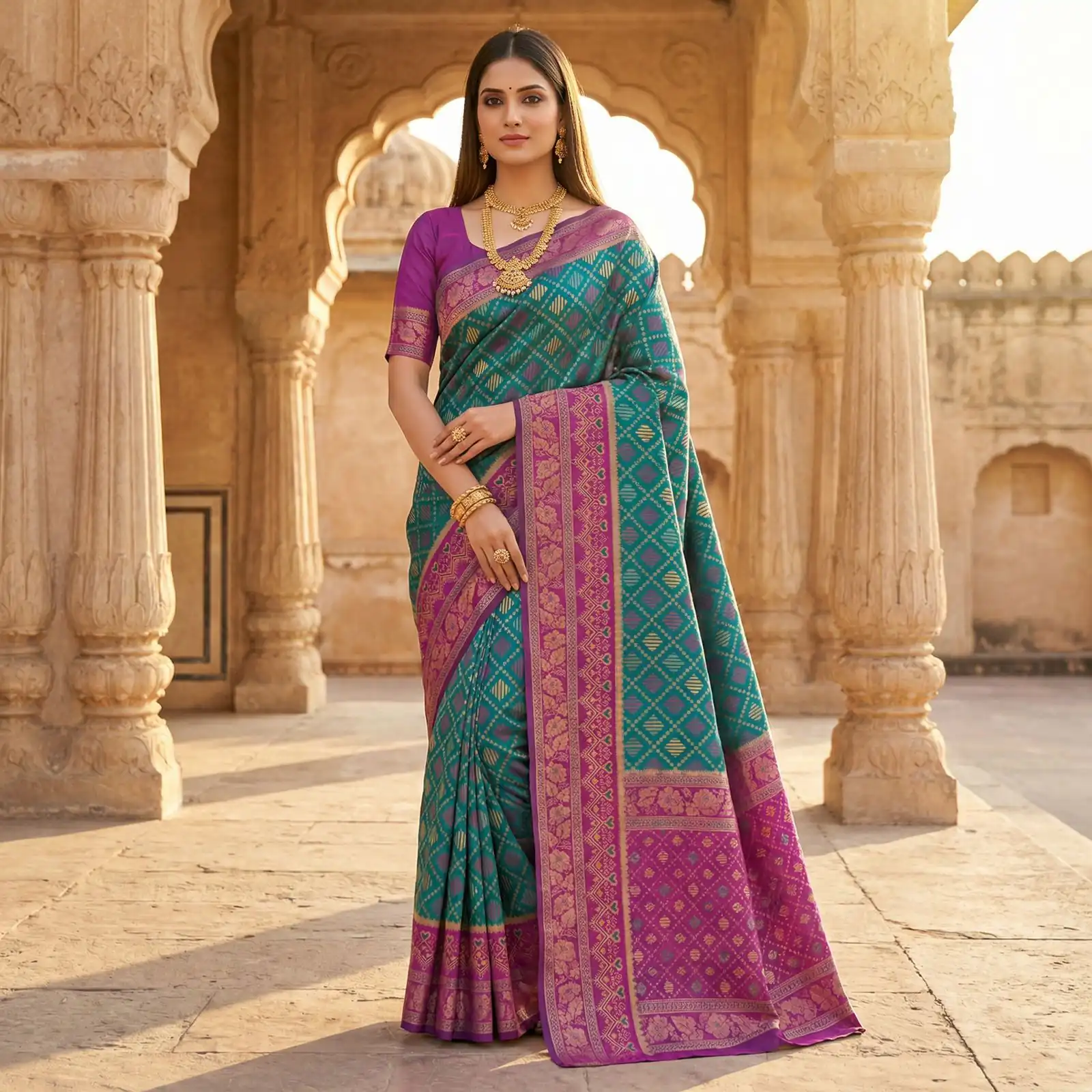 Teal Pochampalli Lace Zari Work Saree