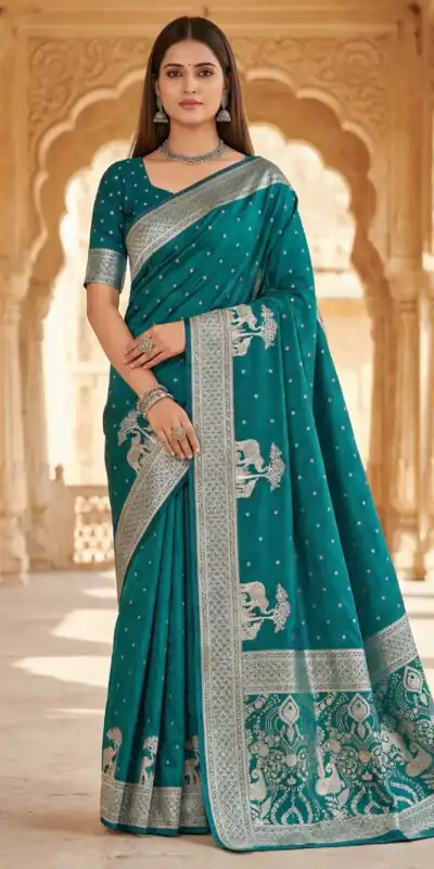 MB 25 GAJRAJ Teal in Pure Banarasi Silk Zari Work & Lace Work Saree . Introductory Price ₹1899. Delivery 4-6 Working Days. Shop now. | Designer Sarees, Sarees, Bollywood Sarees, Creative Sarees, Embroidered Sarees, Ethnic Saree, Modern Digital sarees, Party Wear Sarees