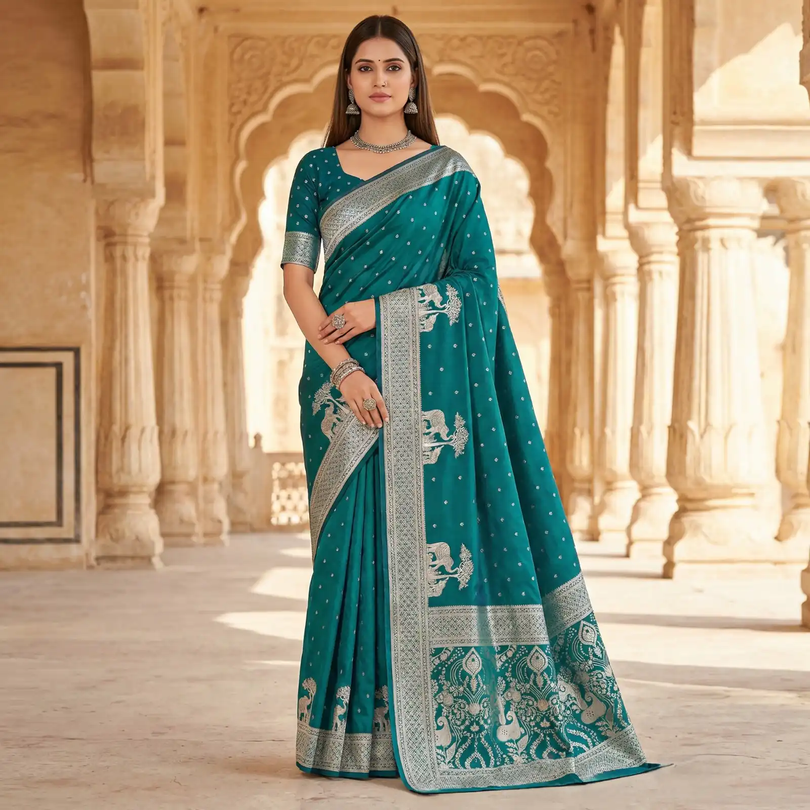 MB 25 GAJRAJ Teal in Pure Banarasi Silk Zari Work & Lace Work Saree . Introductory Price ₹1899. Delivery 4-6 Working Days. Shop now. | Designer Sarees, Sarees, Bollywood Sarees, Creative Sarees, Embroidered Sarees, Ethnic Saree, Modern Digital sarees, Party Wear Sarees