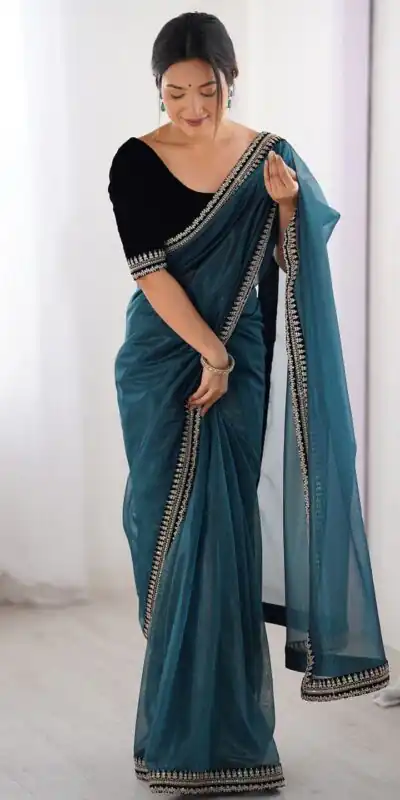 Teal Soft Twil Net Silk Embroidery Work Saree