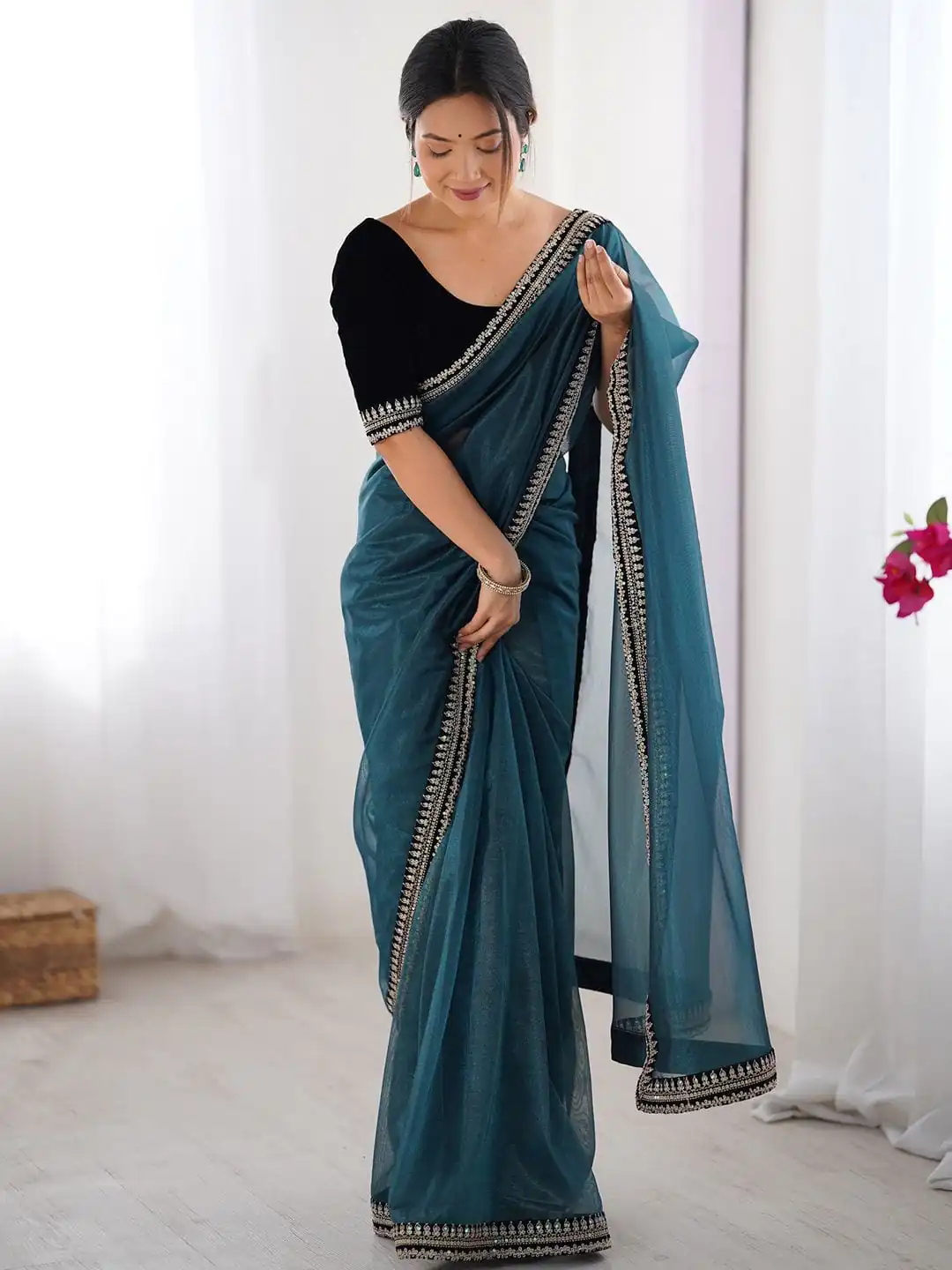 SC 1017 Teal Soft Twil Net Silk Saree Perfect for Wedding, Party, Temple Visit, Reception, Sangeet – . Now at just ₹1699. Delivery 4-6 Working Days. | Designer Sarees, Sarees, Bollywood Sarees, Creative Sarees, Embroidered Sarees, Ethnic Saree, Modern Digital sarees, Party Wear Sarees