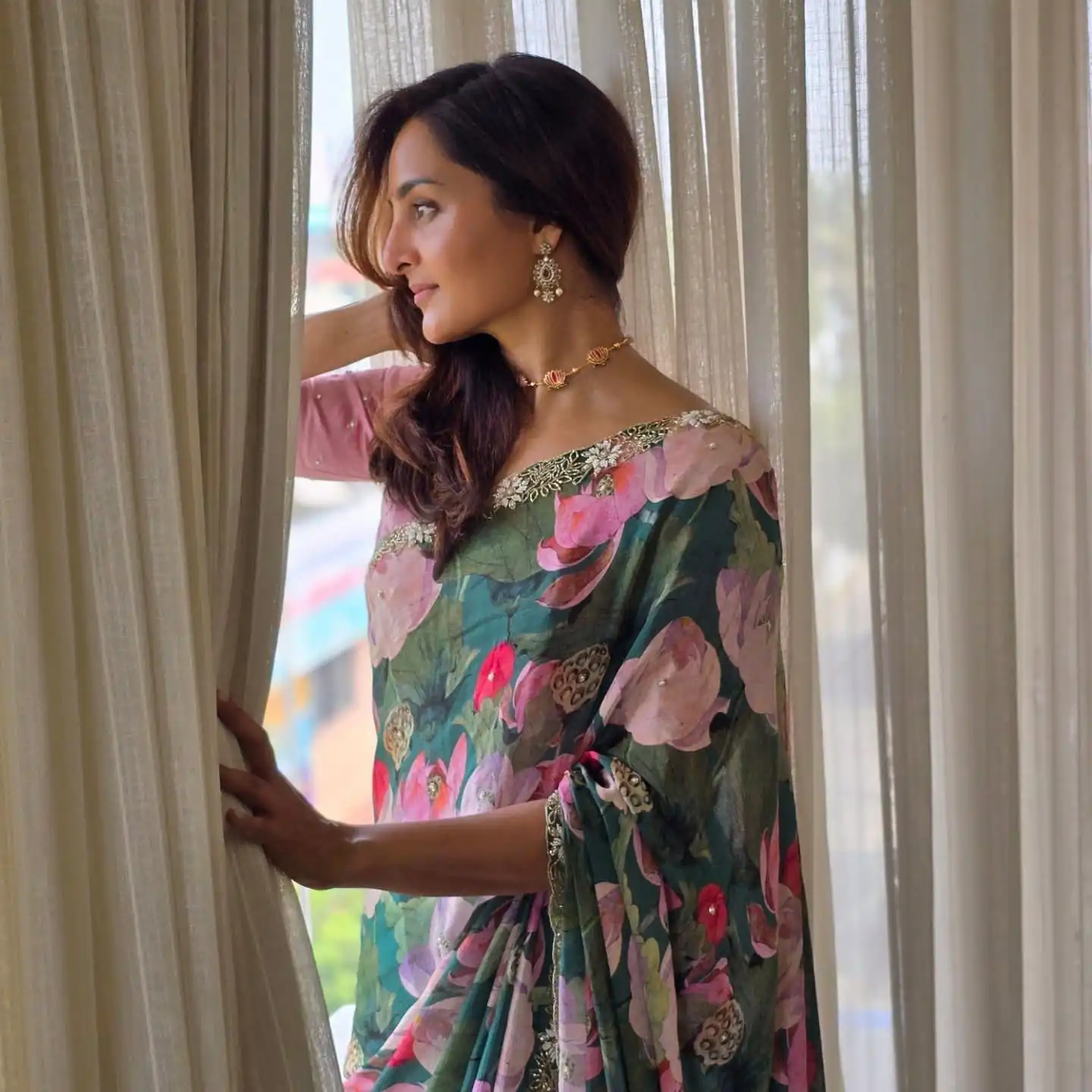 Teal Tebby Silk Katdana Pearls Handwork Saree - Image 3