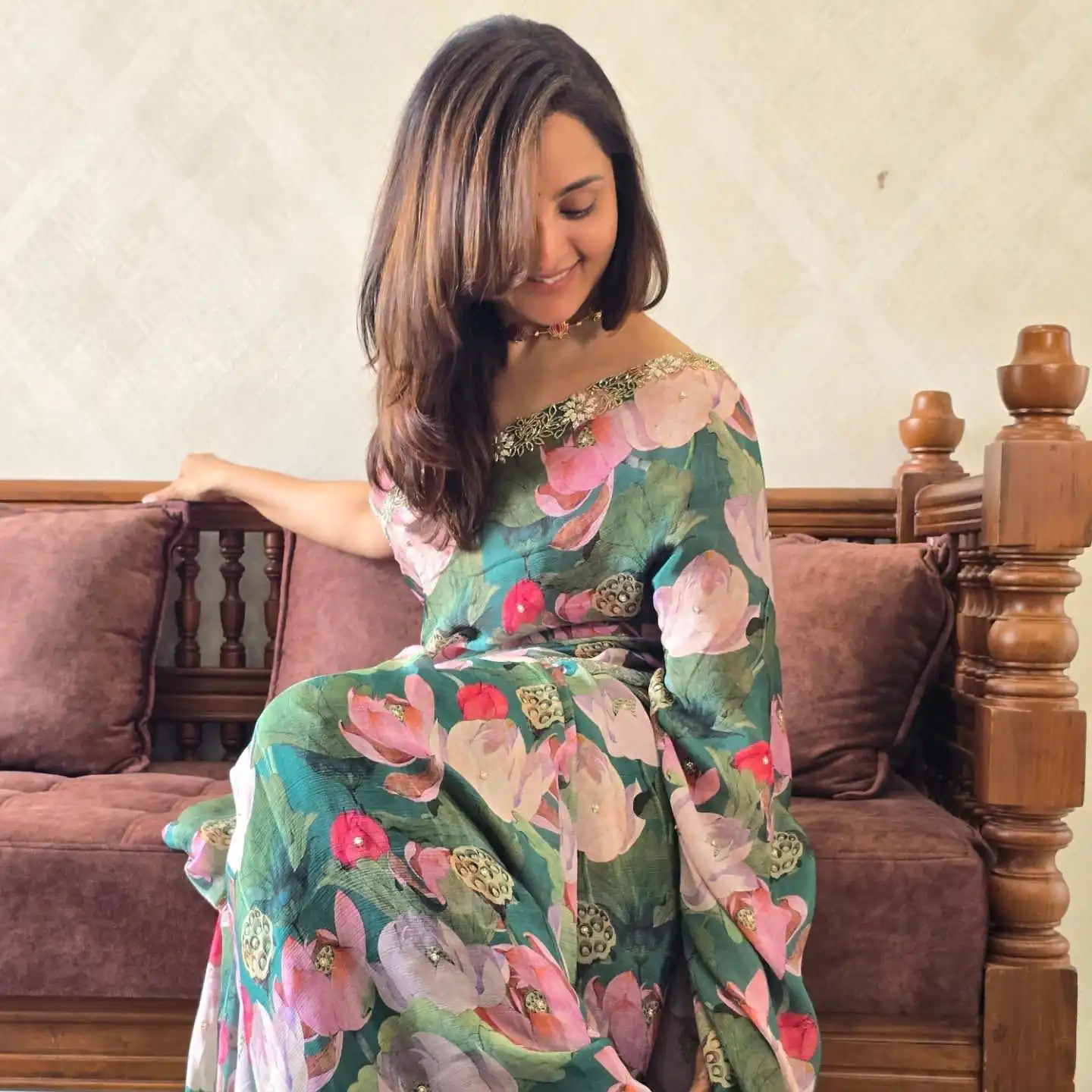 Teal Tebby Silk Katdana Pearls Handwork Saree - Image 5