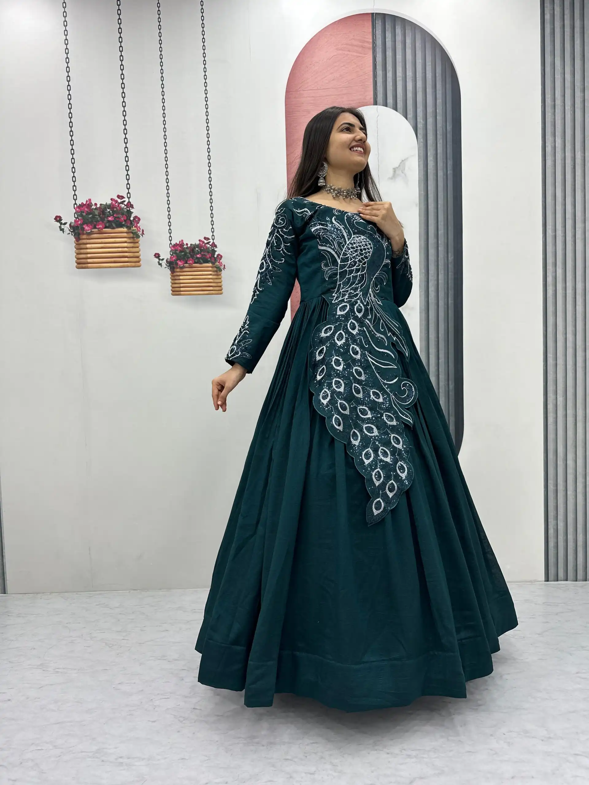 PC 564 Teal Vichitra Silk Gown Perfect for Wedding, Party, Holi, Anniversary, Mehendi –. Grab it for ₹2049. Delivery 4-6 Working Days. Shop now. | Gowns, Bollywood Gowns, Creative Gowns, Designer Gowns, Embroidered Gowns, Party Wear Gowns