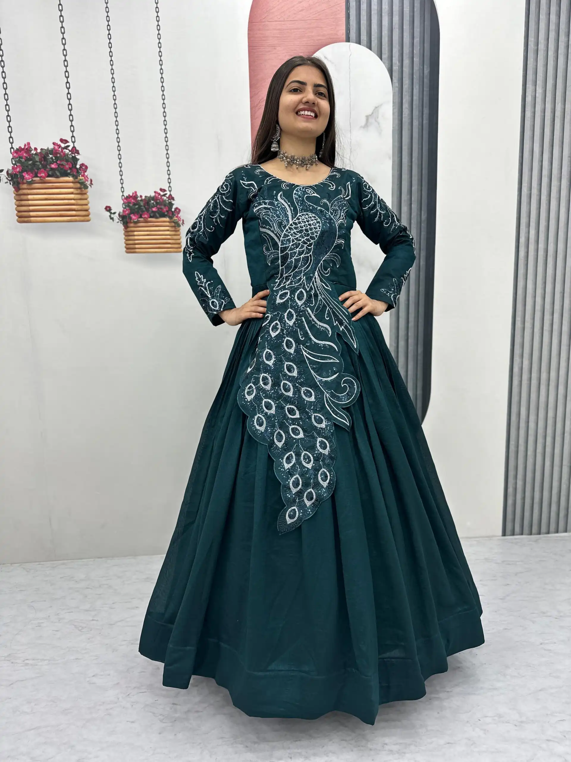 PC 564 Teal Vichitra Silk Gown Perfect for Wedding, Party, Holi, Anniversary, Mehendi –. Grab it for ₹2049. Delivery 4-6 Working Days. Shop now. | Gowns, Bollywood Gowns, Creative Gowns, Designer Gowns, Embroidered Gowns, Party Wear Gowns