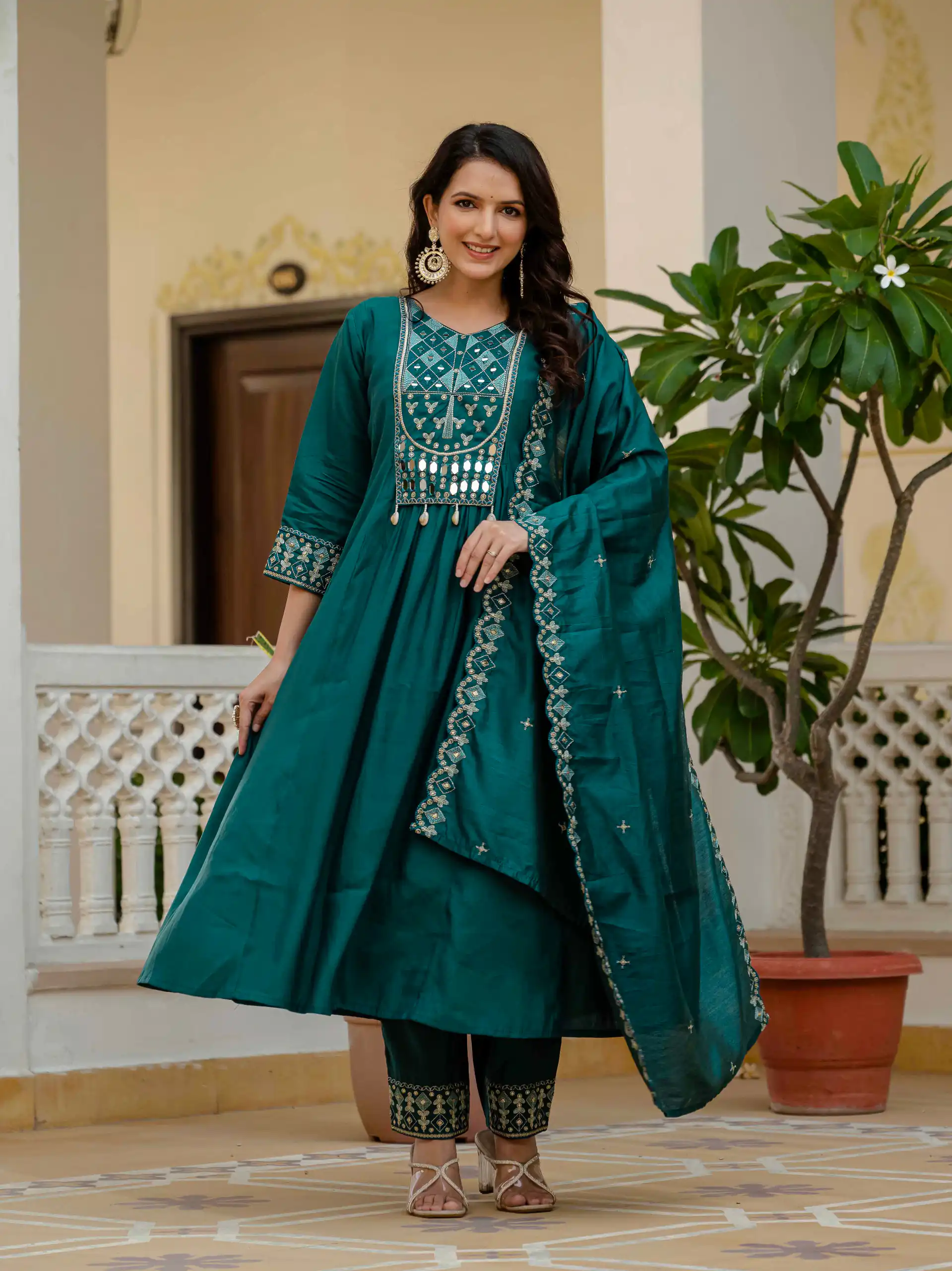Teal Viscose Roman Silk Mirror Work Anarkali Suit