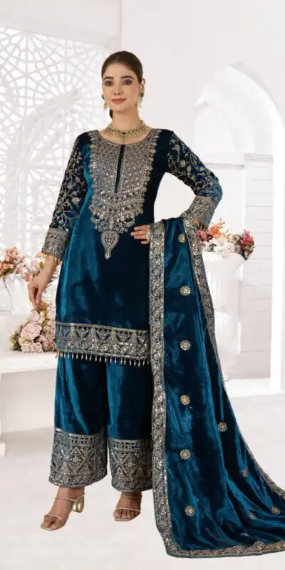 NF 1231 Teal Viscose Velvet Salwar Suit. Perfect for Wedding, Party, Traditional Day, Baisakhi, Eid – Available at ₹2399 only. Delivery 4-6 Workin | Jump Suits, Salwar suit, Casual Suits, Creative suits, Designer Suits, Palazzo Suits, Party Wear Suits, Patiala Suits, Straight Suits