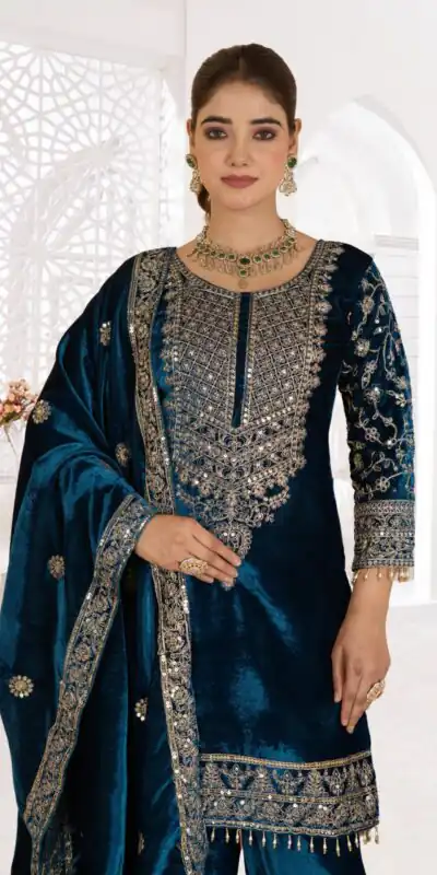 NF 1231 Teal Viscose Velvet Salwar Suit. Perfect for Wedding, Party, Traditional Day, Baisakhi, Eid – Available at ₹2399 only. Delivery 4-6 Workin | Jump Suits, Salwar suit, Casual Suits, Creative suits, Designer Suits, Palazzo Suits, Party Wear Suits, Patiala Suits, Straight Suits