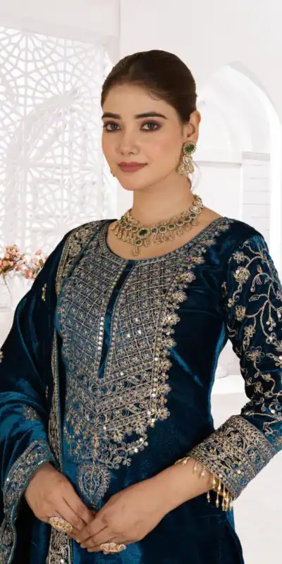 NF 1231 Teal Viscose Velvet Salwar Suit. Perfect for Wedding, Party, Traditional Day, Baisakhi, Eid – Available at ₹2399 only. Delivery 4-6 Workin | Jump Suits, Salwar suit, Casual Suits, Creative suits, Designer Suits, Palazzo Suits, Party Wear Suits, Patiala Suits, Straight Suits