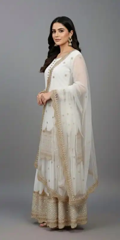 ZF 250 White Color Faux Georgette Embroidery Sequence Work Sharara Suit Wedding, Party, Festive, Events Etc. Expected Delivery 4-6 Working Days @2099/- | Jump Suits, Salwar suit, Casual Suits, Creative suits, Designer Suits, Palazzo Suits, Party Wear Suits, Patiala Suits, Straight Suits