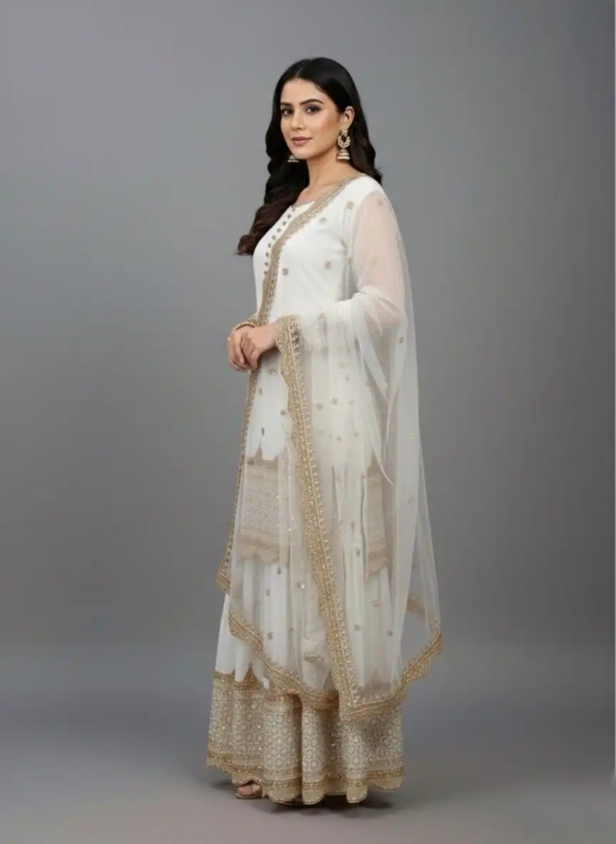 ZF 250 White Color Faux Georgette Embroidery Sequence Work Sharara Suit Wedding, Party, Festive, Events Etc. Expected Delivery 4-6 Working Days @2099/- | Jump Suits, Salwar suit, Casual Suits, Creative suits, Designer Suits, Palazzo Suits, Party Wear Suits, Patiala Suits, Straight Suits