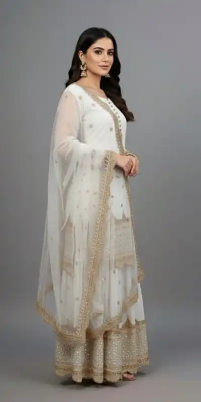 ZF 250 White Color Faux Georgette Embroidery Sequence Work Sharara Suit Wedding, Party, Festive, Events Etc. Expected Delivery 4-6 Working Days @2099/- | Jump Suits, Salwar suit, Casual Suits, Creative suits, Designer Suits, Palazzo Suits, Party Wear Suits, Patiala Suits, Straight Suits