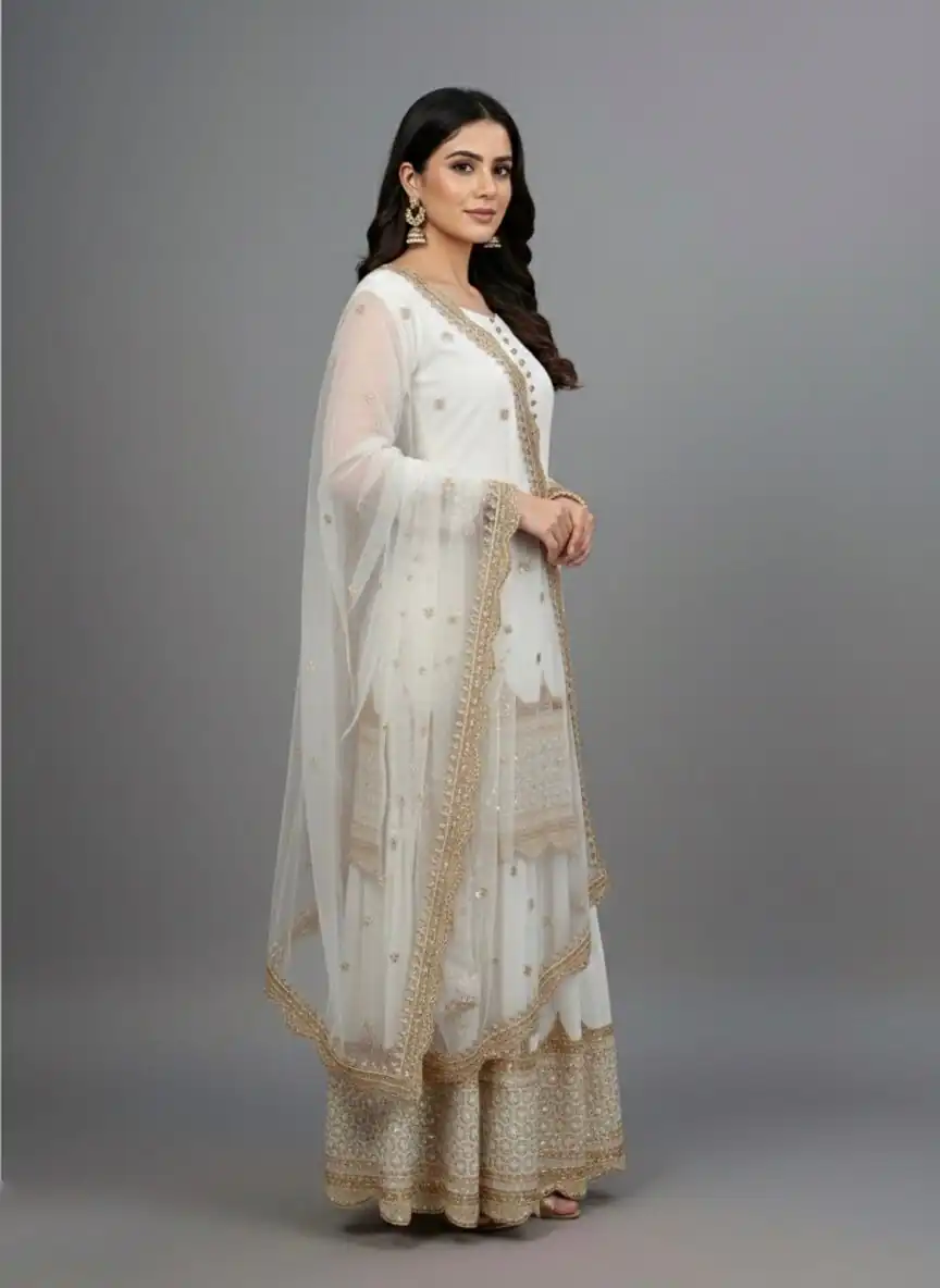 ZF 250 White Color Faux Georgette Embroidery Sequence Work Sharara Suit Wedding, Party, Festive, Events Etc. Expected Delivery 4-6 Working Days @2099/- | Jump Suits, Salwar suit, Casual Suits, Creative suits, Designer Suits, Palazzo Suits, Party Wear Suits, Patiala Suits, Straight Suits