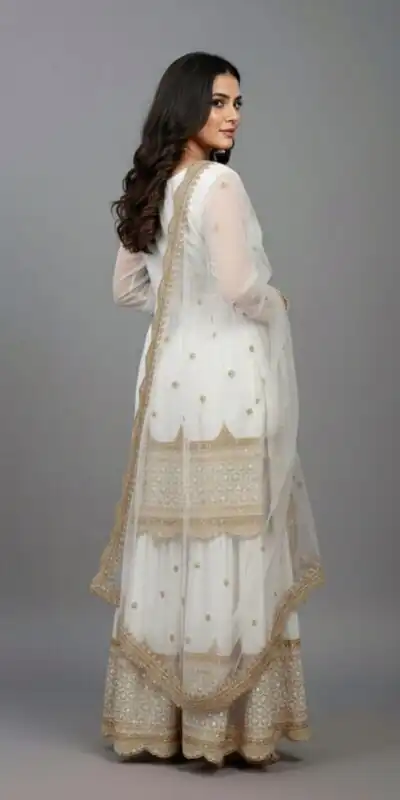 ZF 250 White Color Faux Georgette Embroidery Sequence Work Sharara Suit Wedding, Party, Festive, Events Etc. Expected Delivery 4-6 Working Days @2099/- | Jump Suits, Salwar suit, Casual Suits, Creative suits, Designer Suits, Palazzo Suits, Party Wear Suits, Patiala Suits, Straight Suits