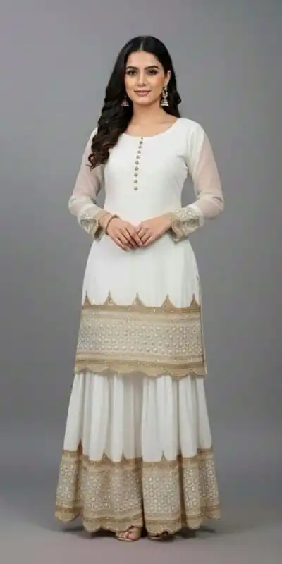 ZF 250 White Color Faux Georgette Embroidery Sequence Work Sharara Suit Wedding, Party, Festive, Events Etc. Expected Delivery 4-6 Working Days @2099/- | Jump Suits, Salwar suit, Casual Suits, Creative suits, Designer Suits, Palazzo Suits, Party Wear Suits, Patiala Suits, Straight Suits