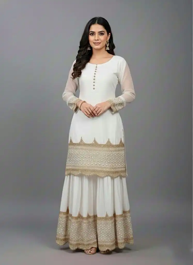 ZF 250 White Color Faux Georgette Embroidery Sequence Work Sharara Suit Wedding, Party, Festive, Events Etc. Expected Delivery 4-6 Working Days @2099/- | Jump Suits, Salwar suit, Casual Suits, Creative suits, Designer Suits, Palazzo Suits, Party Wear Suits, Patiala Suits, Straight Suits