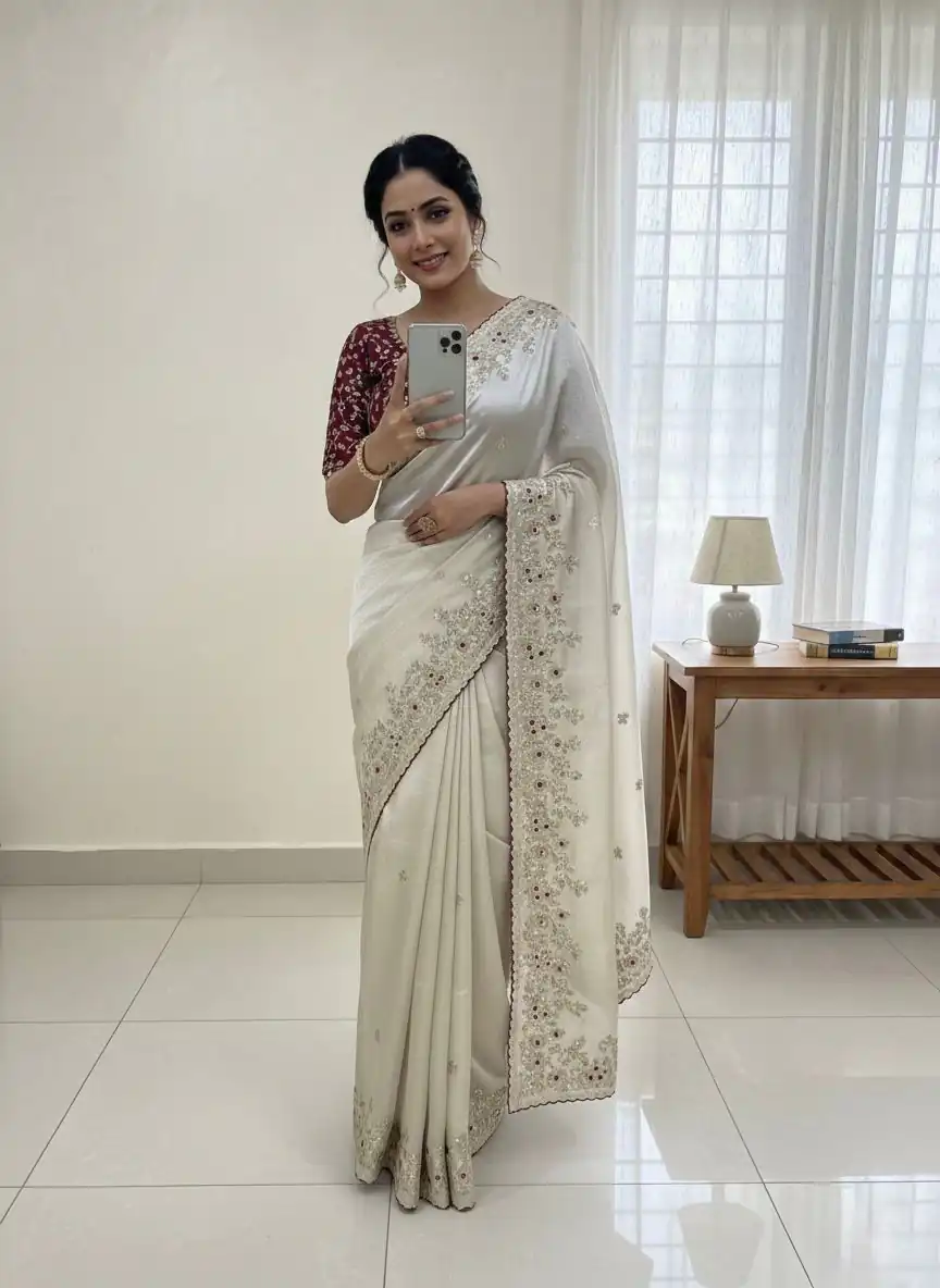 NC 5555 White Organza Silk Saree with Sequins Work & Embroidery Work. Exclusive Offer ₹2049. Delivery 4-6 Working Days. Shop now. | Designer Sarees, Sarees, Bollywood Sarees, Creative Sarees, Embroidered Sarees, Ethnic Saree, Modern Digital sarees, Party Wear Sarees