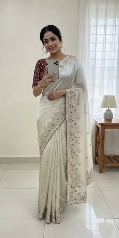 White Organza Silk Sequin Embroidery Work Saree