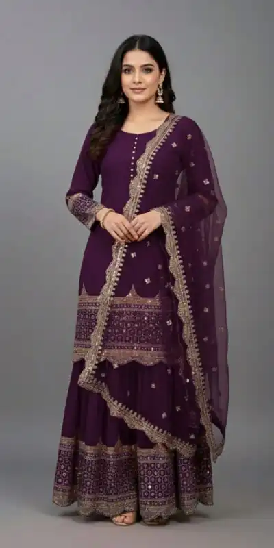 Wine Faux Georgette Embroider Salwar Suit
