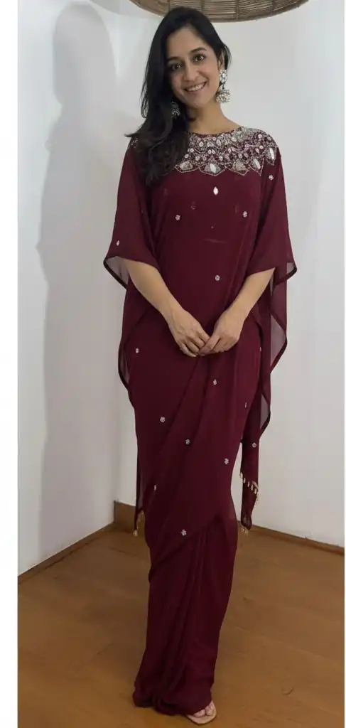 ST 1157 Wine in Faux Georgette Mirror Work & Embroidery Work Saree. Festive Deal ₹1899. Delivery 4-6 Working Days. Shop now. | Designer Sarees, Sarees, Bollywood Sarees, Creative Sarees, Embroidered Sarees, Ethnic Saree, Modern Digital sarees, Party Wear Sarees