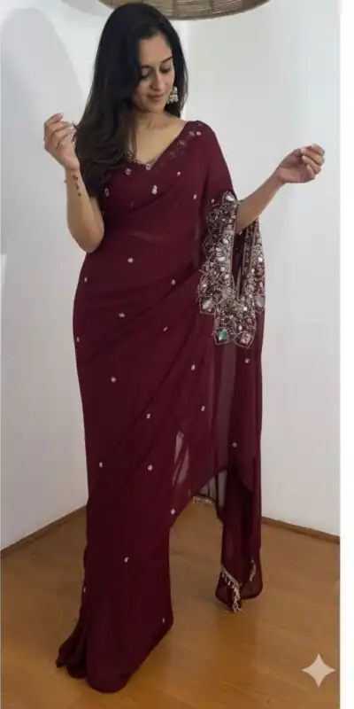 ST 1157 Wine in Faux Georgette Mirror Work & Embroidery Work Saree. Festive Deal ₹1899. Delivery 4-6 Working Days. Shop now. | Designer Sarees, Sarees, Bollywood Sarees, Creative Sarees, Embroidered Sarees, Ethnic Saree, Modern Digital sarees, Party Wear Sarees
