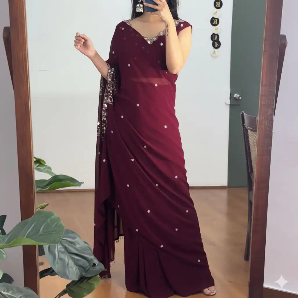 ST 1157 Wine in Faux Georgette Mirror Work & Embroidery Work Saree. Festive Deal ₹1899. Delivery 4-6 Working Days. Shop now. | Designer Sarees, Sarees, Bollywood Sarees, Creative Sarees, Embroidered Sarees, Ethnic Saree, Modern Digital sarees, Party Wear Sarees