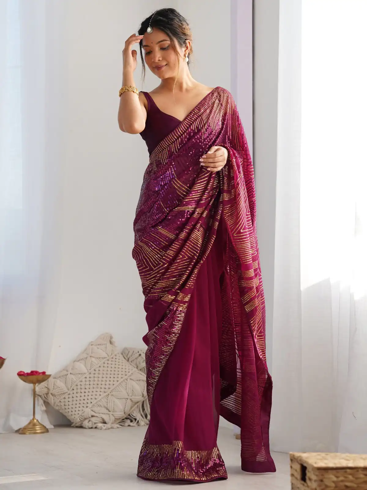 Wine Georgette Sequence Lace Work Saree
