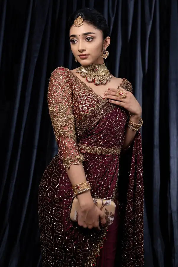 Wine Kasturi Silk Georgette Zari Work Saree - Image 2