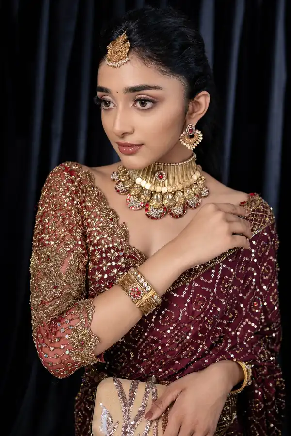 Wine Kasturi Silk Georgette Zari Work Saree - Image 3