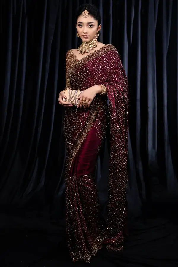 Wine Kasturi Silk Georgette Zari Work Saree