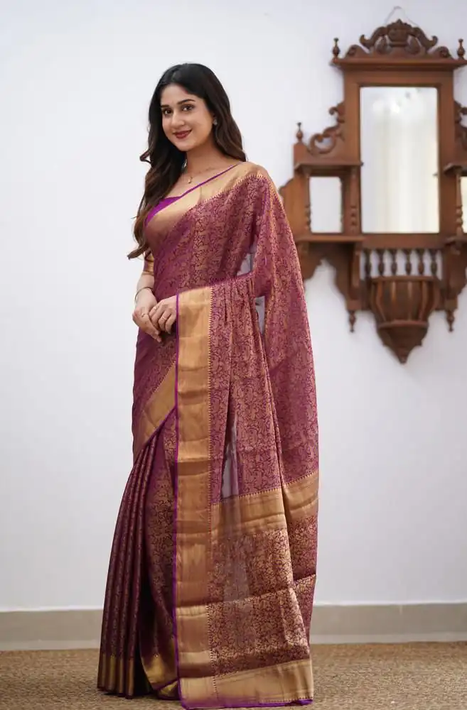 Wine Lichi Silk Border Jacquard Work Saree