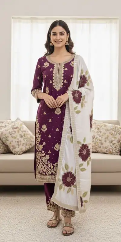 Wine Organza Silk Lace Embroidery Work Salwar Suit