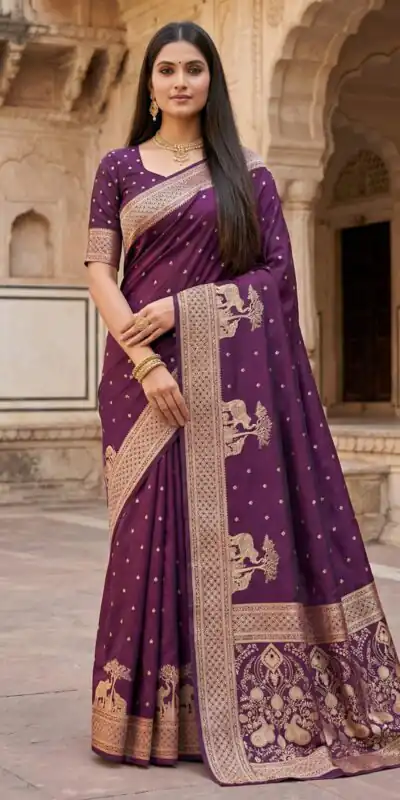 MB 25 GAJRAJ Wine in Pure Banarasi Silk Zari Work & Lace Work Saree . Introductory Price ₹1899. Delivery 4-6 Working Days. Shop now. | Designer Sarees, Sarees, Bollywood Sarees, Creative Sarees, Embroidered Sarees, Ethnic Saree, Modern Digital sarees, Party Wear Sarees