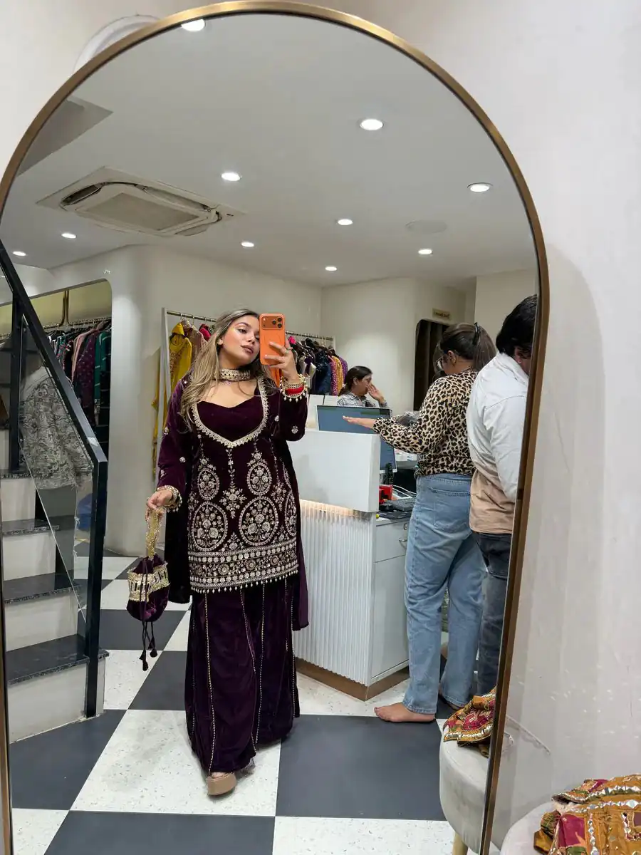 Wine Velvet Embroidery Mirror Work Salwar Suit