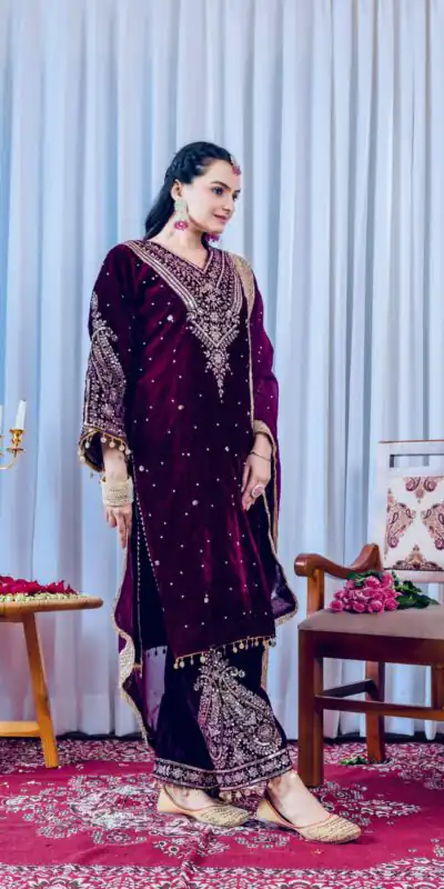 AD 134 Wine Color Heavy Pure Viscose Velvet Embroidery Sharara Suit Wedding, Party, Festive, Events Etc. Expected Delivery  4-6 Working Days @2099/- | Jump Suits, Salwar suit, Casual Suits, Creative suits, Designer Suits, Palazzo Suits, Party Wear Suits, Patiala Suits, Straight Suits