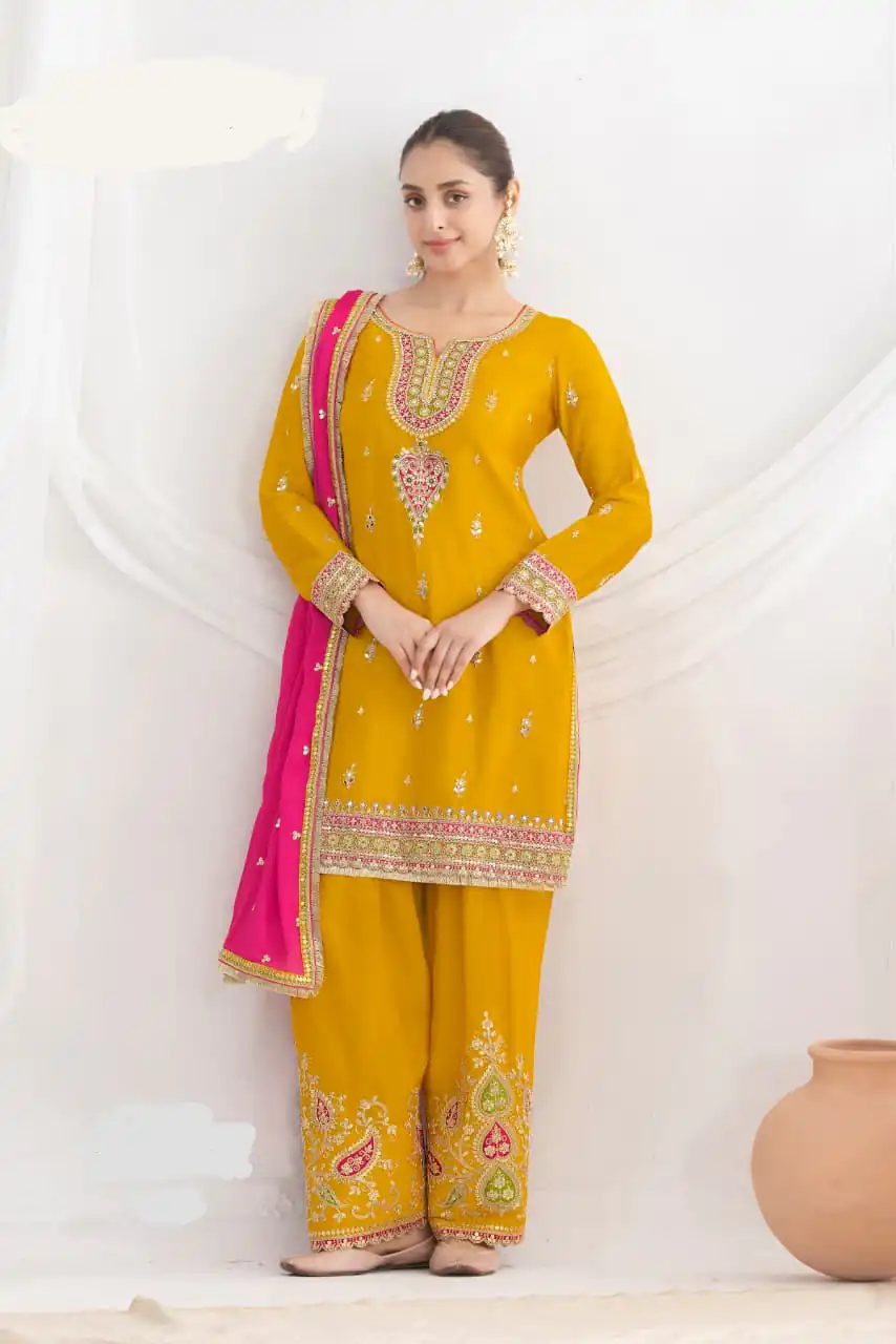 DS GULZAR 2641 Yellow in Chinon Embroidery Work & Mirror Work Salwar Suit. Now at just ₹3049. Delivery 4-6 Working Days. Shop now. | Jump Suits, Tops & Bottoms, Track Suits, Salwar suit, Casual Suits, Creative suits, Designer Suits, Palazzo Suits, Party Wear Suits, Patiala Suits, Straight Suits, Trendy Wear