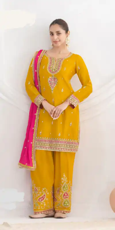 Yellow Chinon Embroidery Mirror Work Salwar Suit