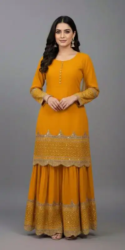 ZF 250 Yellow Color Faux Georgette Embroidery Sequence Work Sharara Suit Wedding, Party, Festive, Events Etc. Expected Delivery 4-6 Working Days @2099/- | Jump Suits, Salwar suit, Casual Suits, Creative suits, Designer Suits, Palazzo Suits, Party Wear Suits, Patiala Suits, Straight Suits