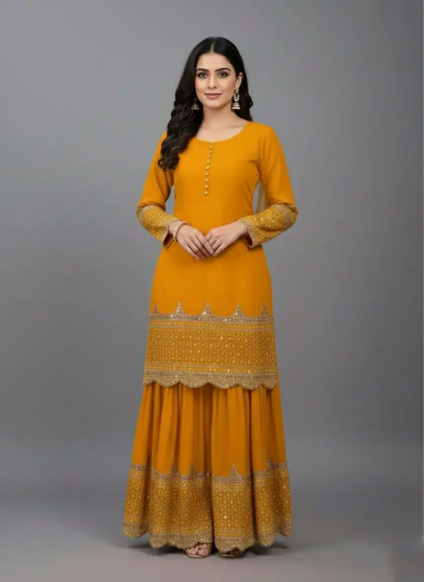 ZF 250 Yellow Color Faux Georgette Embroidery Sequence Work Sharara Suit Wedding, Party, Festive, Events Etc. Expected Delivery 4-6 Working Days @2099/- | Jump Suits, Salwar suit, Casual Suits, Creative suits, Designer Suits, Palazzo Suits, Party Wear Suits, Patiala Suits, Straight Suits