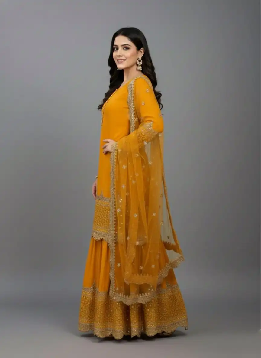 ZF 250 Yellow Color Faux Georgette Embroidery Sequence Work Sharara Suit Wedding, Party, Festive, Events Etc. Expected Delivery 4-6 Working Days @2099/- | Jump Suits, Salwar suit, Casual Suits, Creative suits, Designer Suits, Palazzo Suits, Party Wear Suits, Patiala Suits, Straight Suits