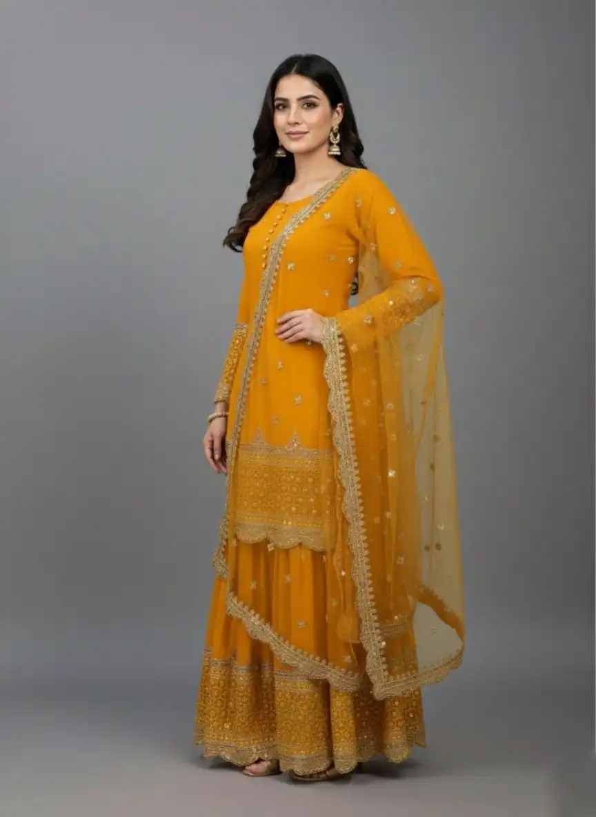 ZF 250 Yellow Color Faux Georgette Embroidery Sequence Work Sharara Suit Wedding, Party, Festive, Events Etc. Expected Delivery 4-6 Working Days @2099/- | Jump Suits, Salwar suit, Casual Suits, Creative suits, Designer Suits, Palazzo Suits, Party Wear Suits, Patiala Suits, Straight Suits
