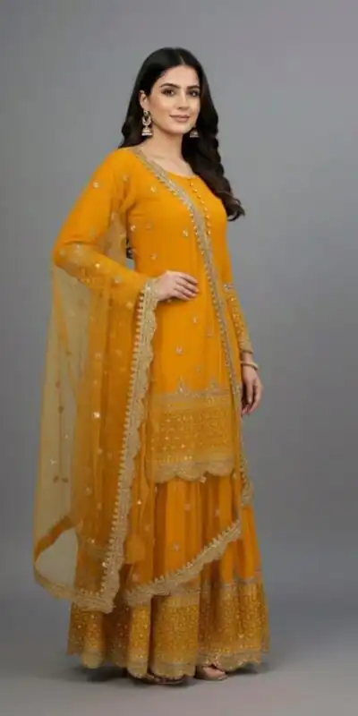 ZF 250 Yellow Color Faux Georgette Embroidery Sequence Work Sharara Suit Wedding, Party, Festive, Events Etc. Expected Delivery 4-6 Working Days @2099/- | Jump Suits, Salwar suit, Casual Suits, Creative suits, Designer Suits, Palazzo Suits, Party Wear Suits, Patiala Suits, Straight Suits