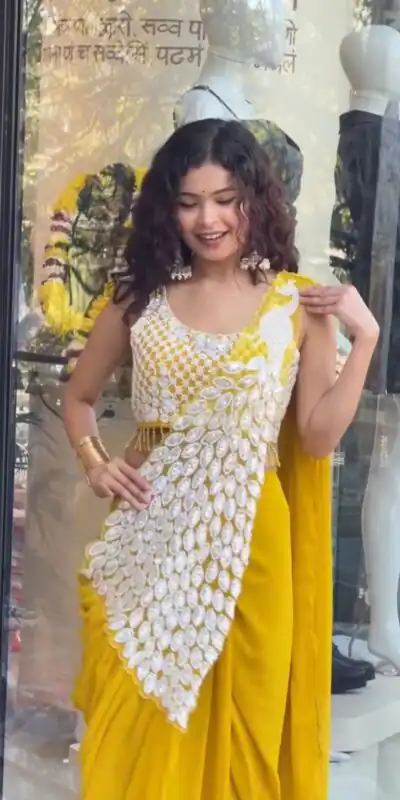 ST 1165 Yellow Faux Georgette Saree with Embroidery Work & Sequins Work. Now at just ₹1799. Delivery 4-6 Working Days. Shop now. | Designer Sarees, Sarees, Bollywood Sarees, Creative Sarees, Embroidered Sarees, Ethnic Saree, Modern Digital sarees, Party Wear Sarees