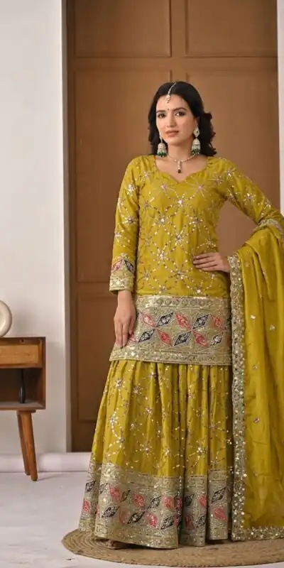 Alternative view of Aglow Mustered Chinon Silk Embroidery Work Salwar Suit