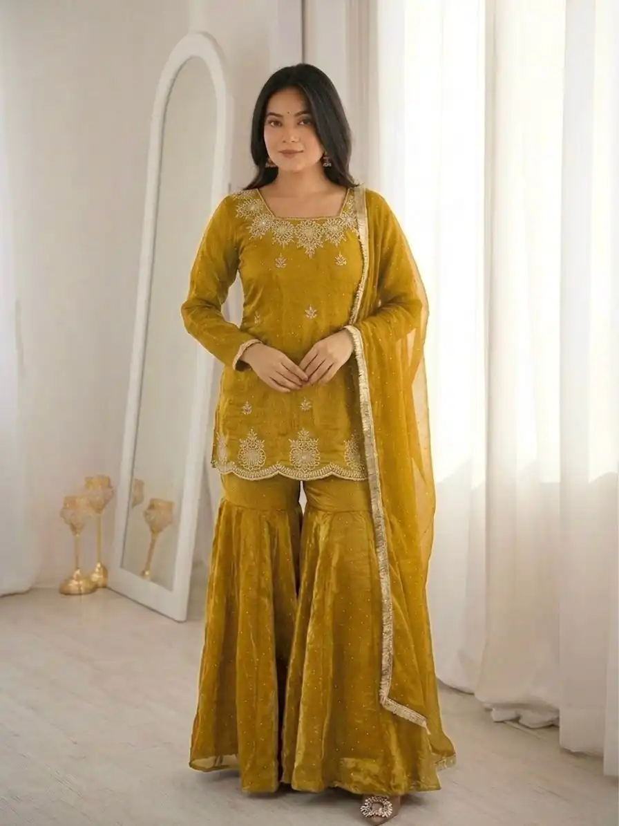 Aglow Mustered Fendy Silk Embroidery Work Salwar Suit