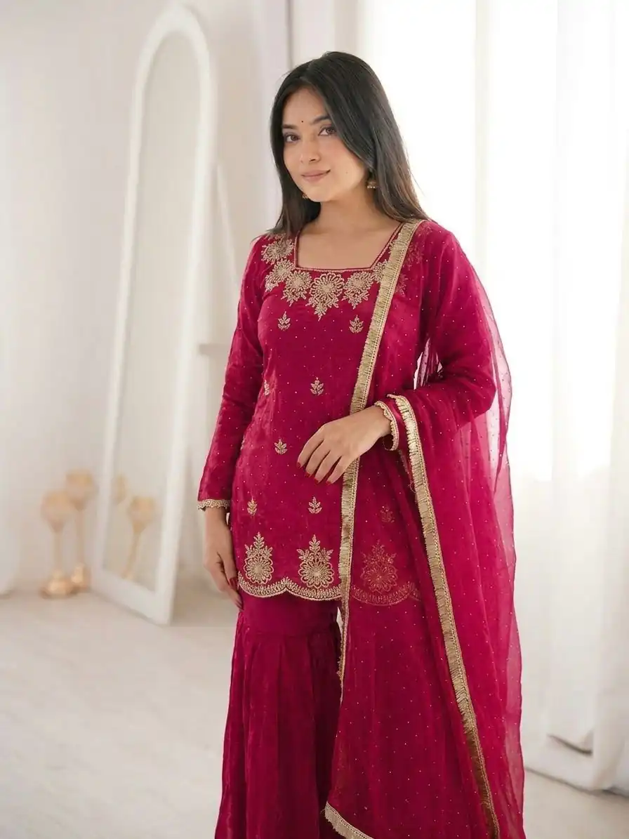 Aglow Red Fendy Silk Embroidery Work Salwar Suit - Image 2